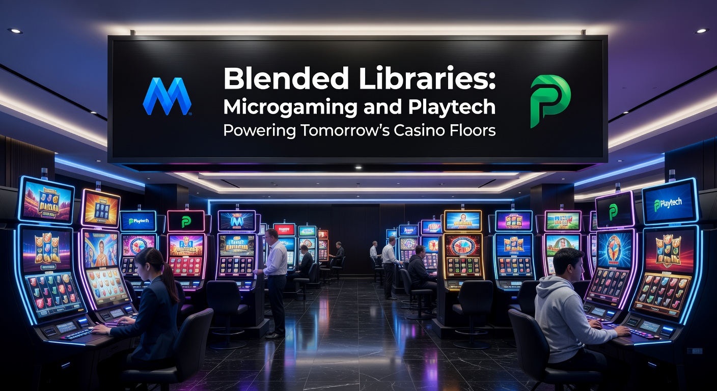 Moderne casinovloer met geïntegreerde digitale schermen en geblendde spelinterfaces van Microgaming en Playtech