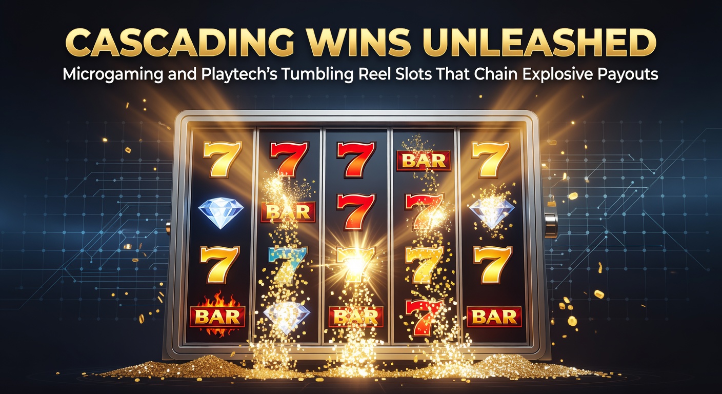 Animatie van tumbling reels waarbij winnende symbolen verdwijnen en nieuwe vallen voor ketenwinsten in een Microgaming-slot