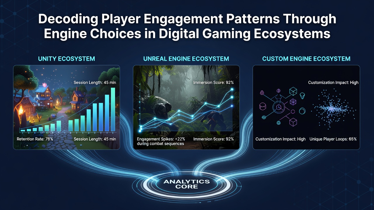 Visualisatie van spelerbetrokkenheidspatronen in digitale gaming-ecosystemen met verschillende game-engines