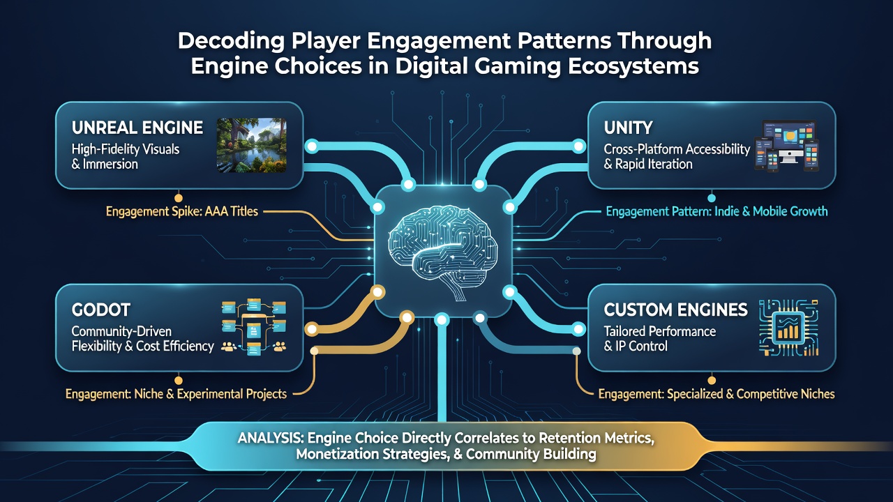 Grafieken en diagrammen die engagementpatronen illustreren gekoppeld aan specifieke game-engine implementaties