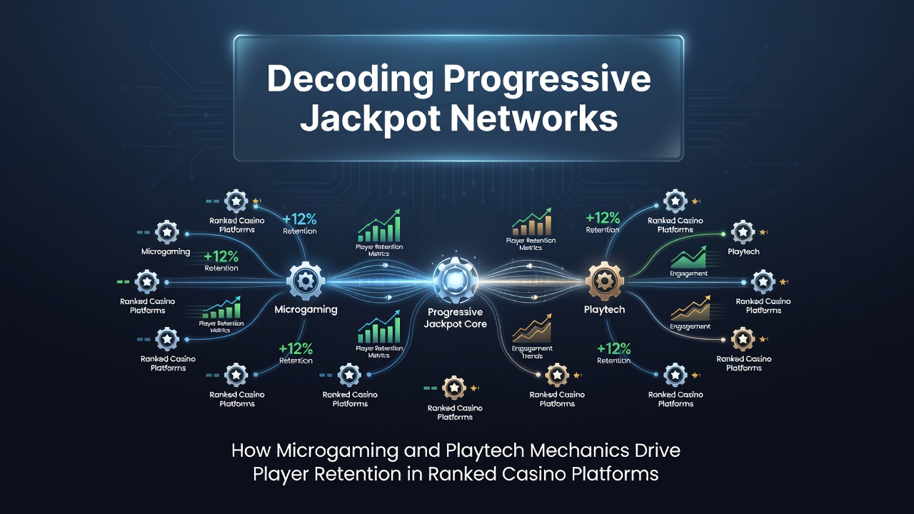Overzicht van progressieve jackpotnetwerken met Microgaming en Playtech logo's op casino interfaces