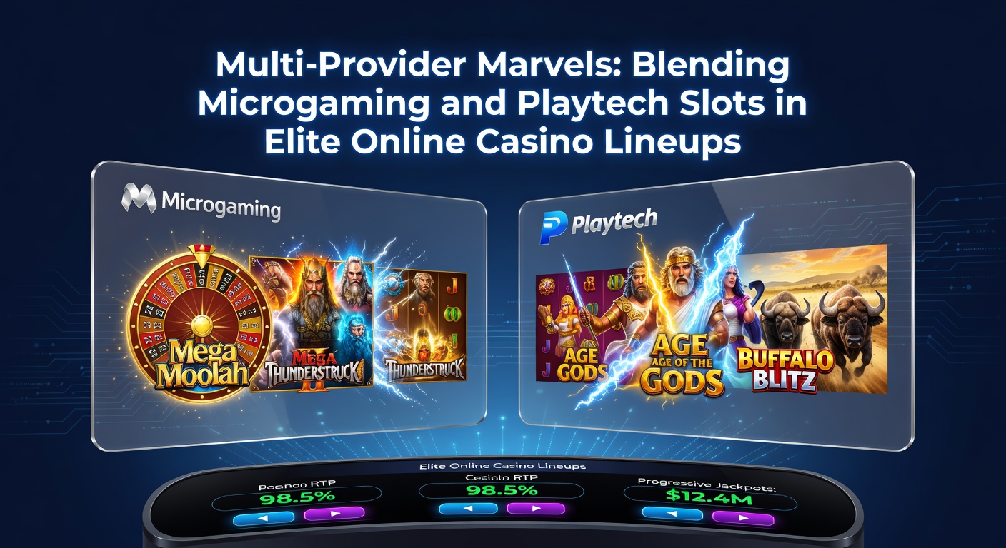 Schermafbeelding van een dynamische online casino lobby met Microgaming en Playtech slots naast elkaar, bonte thema's en jackpot tellers zichtbaar