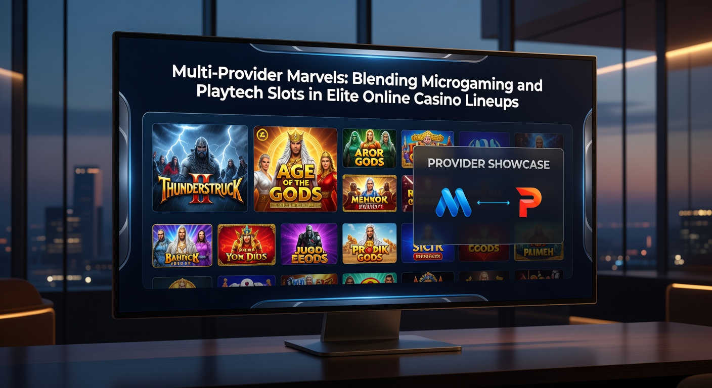 Close-up van een tablet met een casino-app open, Microgaming's Mega Moolah jackpot draait naast Playtech's Age of the Gods, met neon-effecten en winpop-ups