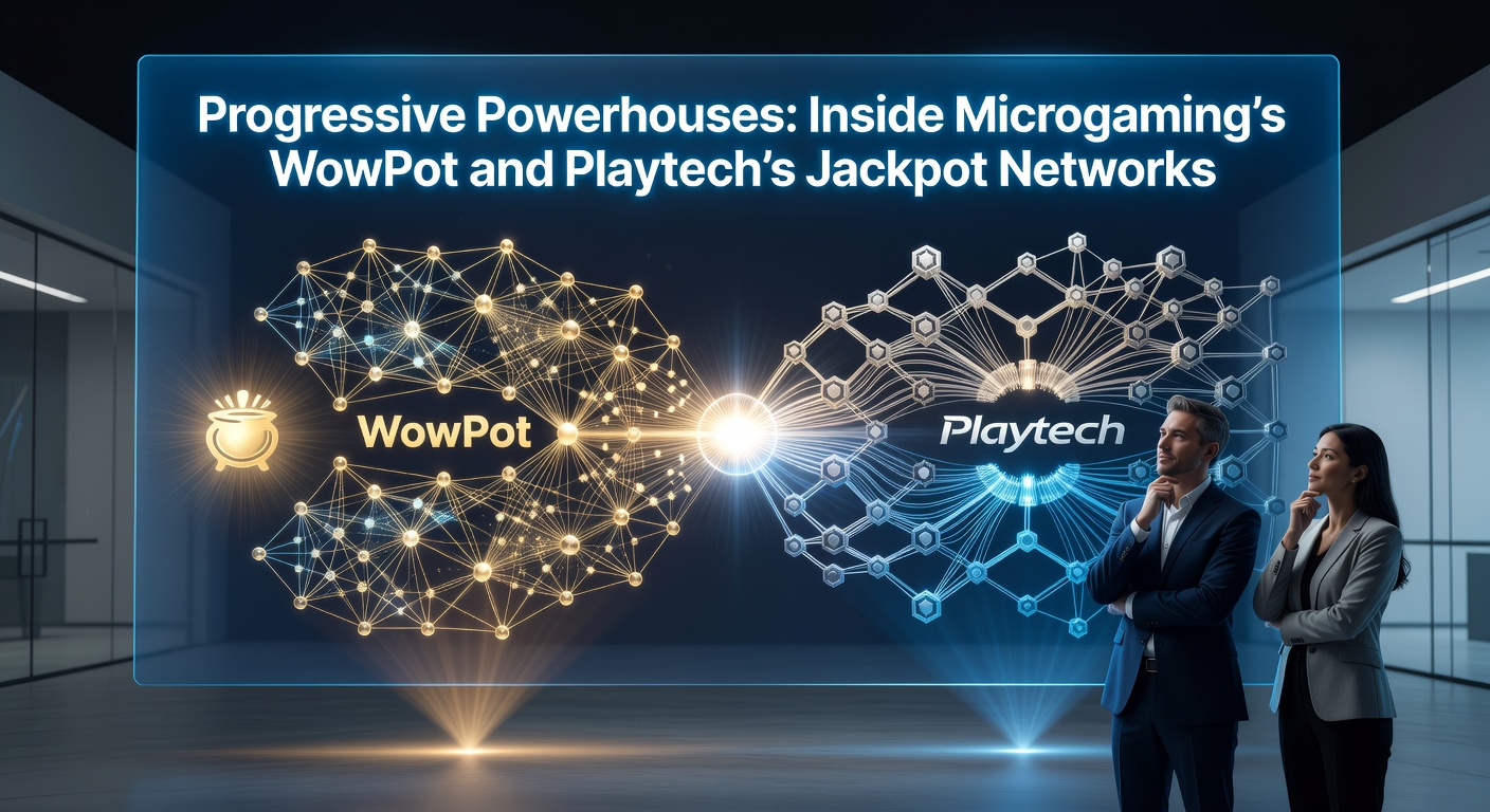 Grafische weergave van exploderende jackpot-pots met Microgaming WowPot en Playtech logo's op een dynamische achtergrond vol gouden munten en slotsymbolen