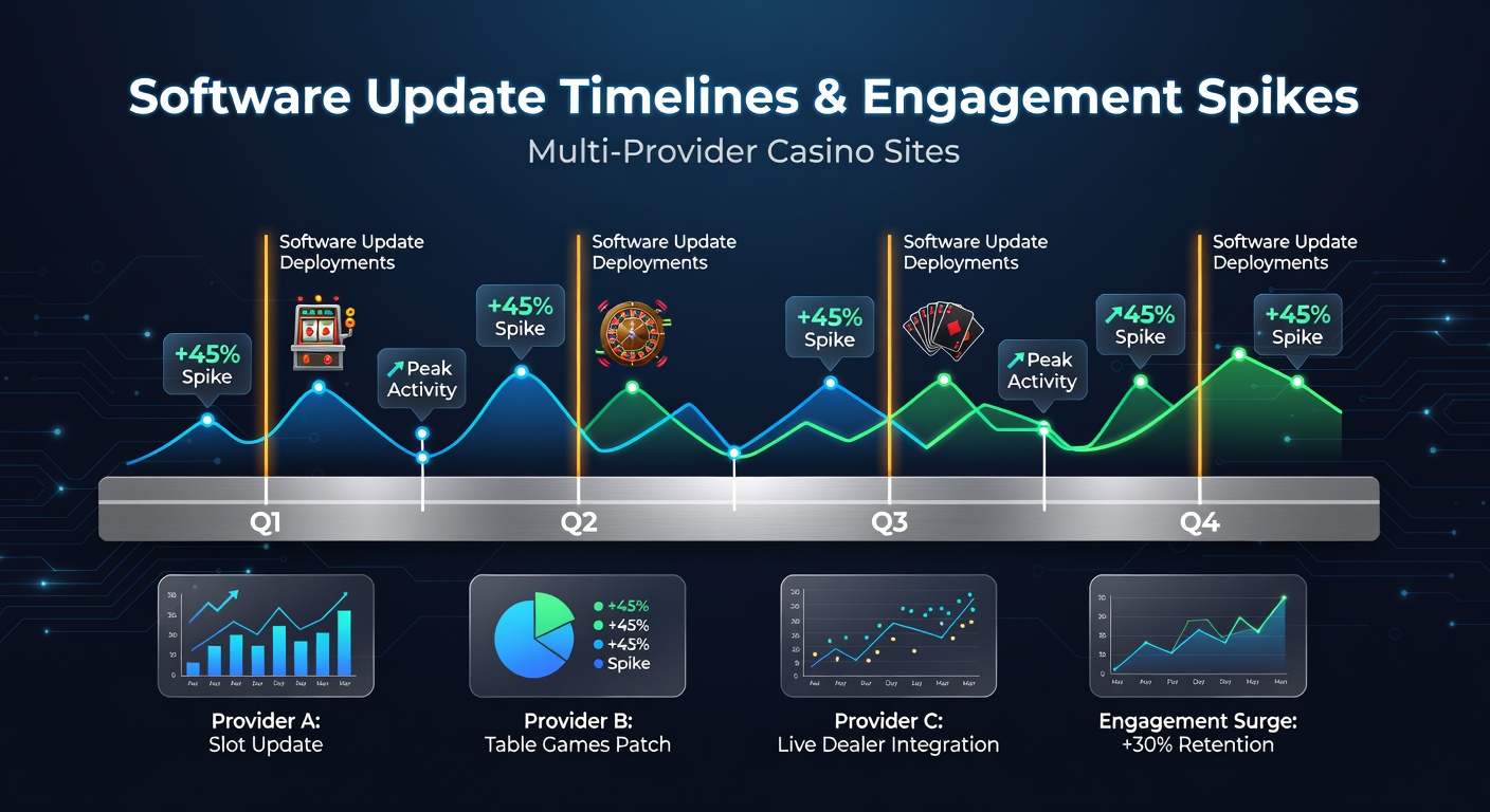 Grafiek die software-update tijdlijnen en engagement pieken in multi-provider casino sites weergeeft