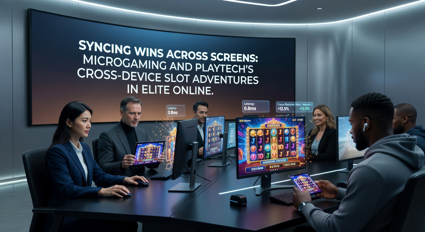 Cross-device interface toont een slotgame die synchroon loopt op telefoon, tablet en desktop met gedeelde winlijn