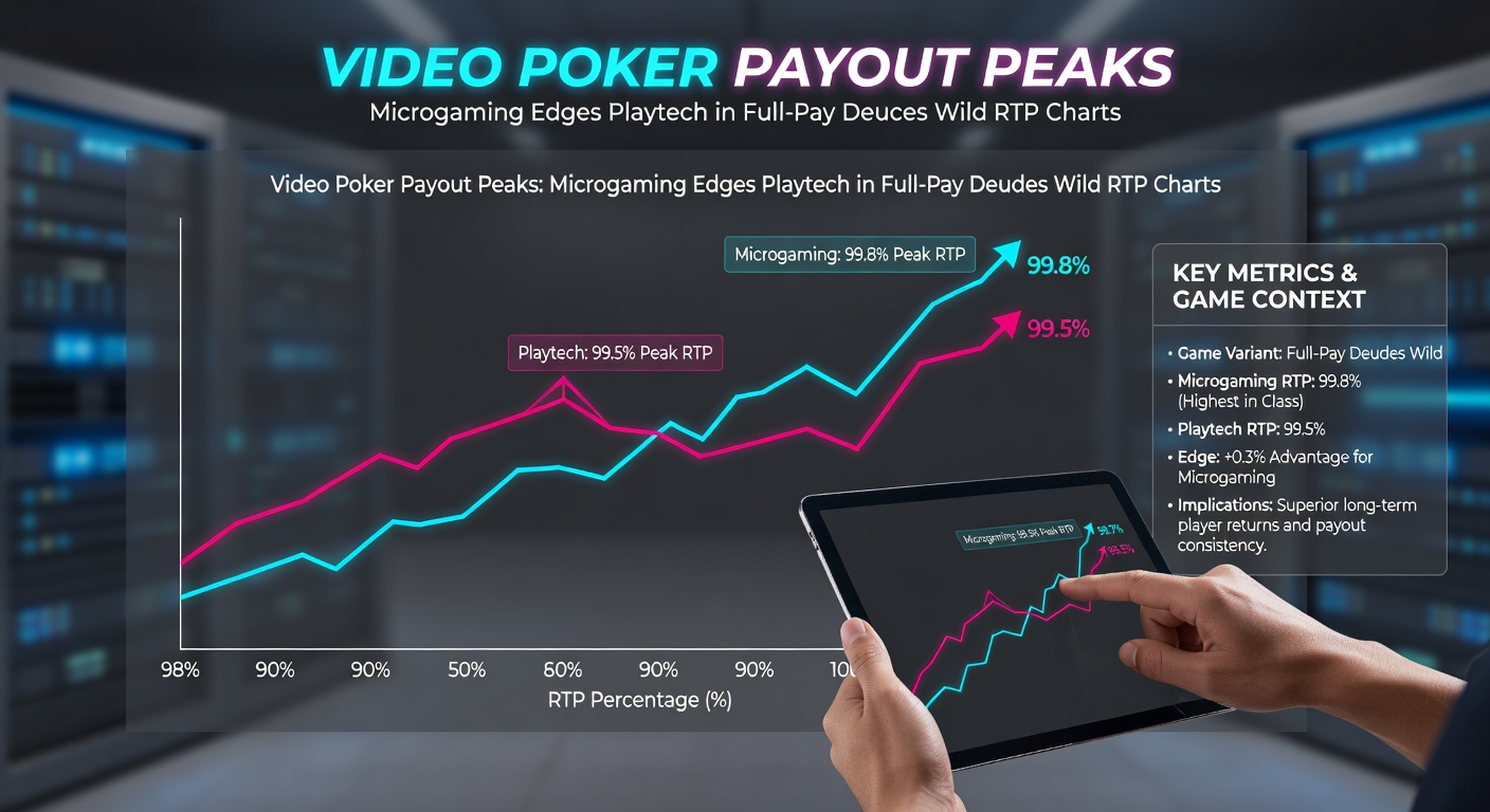Vergelijkende RTP-grafiek van Microgaming en Playtech Deuces Wild tabellen met piekverschillen gemarkeerd